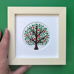 Orange Tree on White Linen Hand Embroidered Art