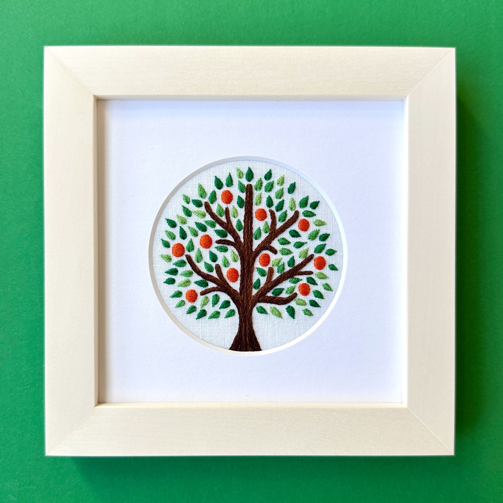 Orange Tree on White Linen Hand Embroidered Art