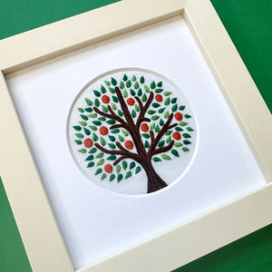 Orange Tree on White Linen Hand Embroidered Art