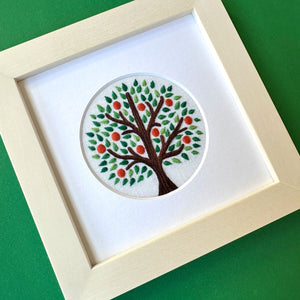 Orange Tree on White Linen Hand Embroidered Art