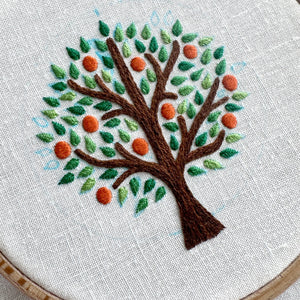 Orange Tree on White Linen Hand Embroidered Art