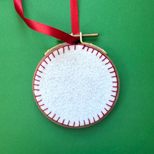 Embroidered Ornament B - Red and Green Snowflake on White Linen
