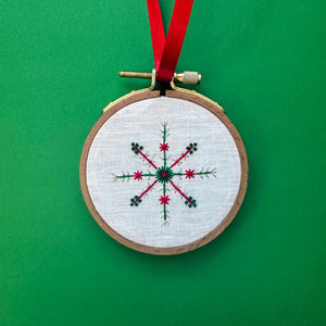 Embroidered Ornament B - Red and Green Snowflake on White Linen