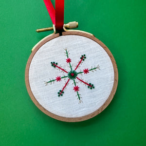 Embroidered Ornament B - Red and Green Snowflake on White Linen