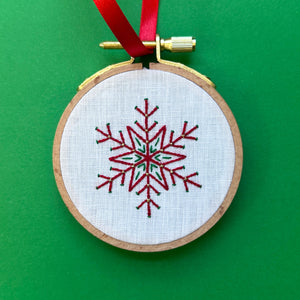 Embroidered Ornament C - Red Snowflake on White Linen