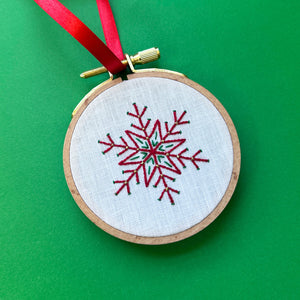 Embroidered Ornament C - Red Snowflake on White Linen