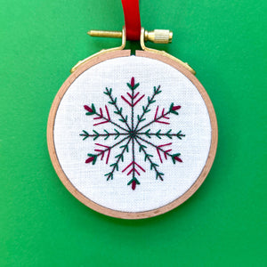 Embroidered Ornament D - Green and Red Snowflake on White Linen