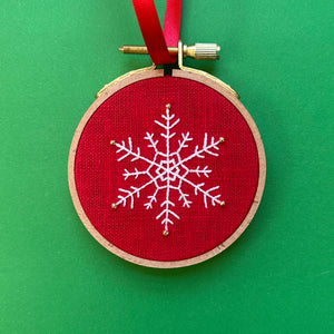 Embroidered Ornament E - White Snowflake on Red Linen