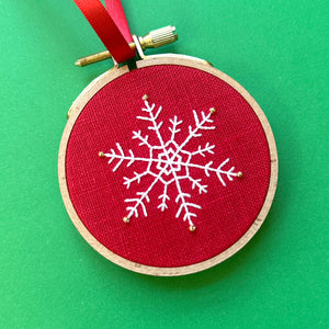 Embroidered Ornament E - White Snowflake on Red Linen