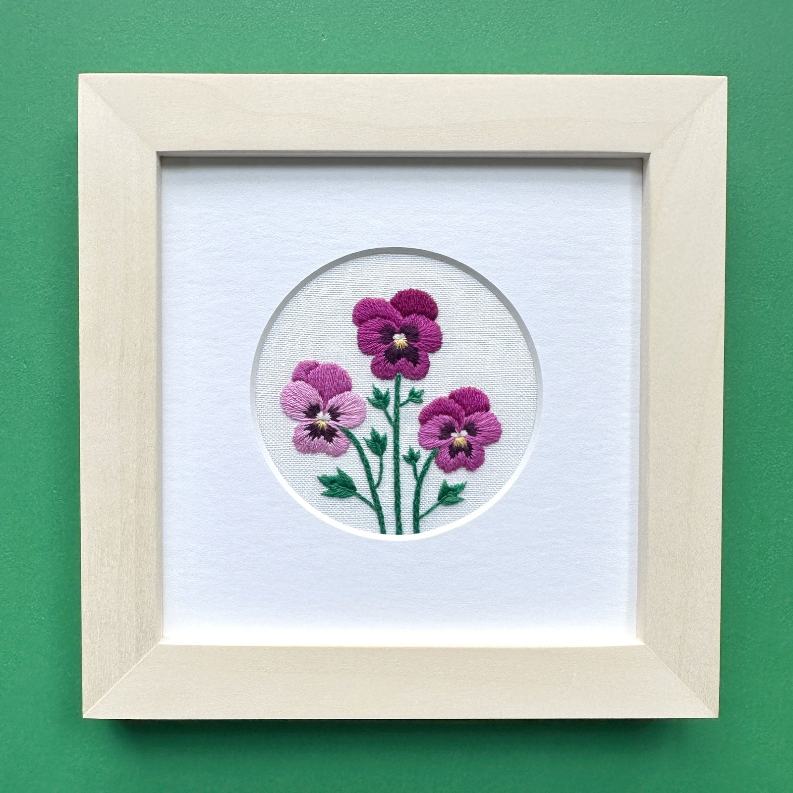 Pink Pansies (2.75")  on White Linen Hand Embroidered Art