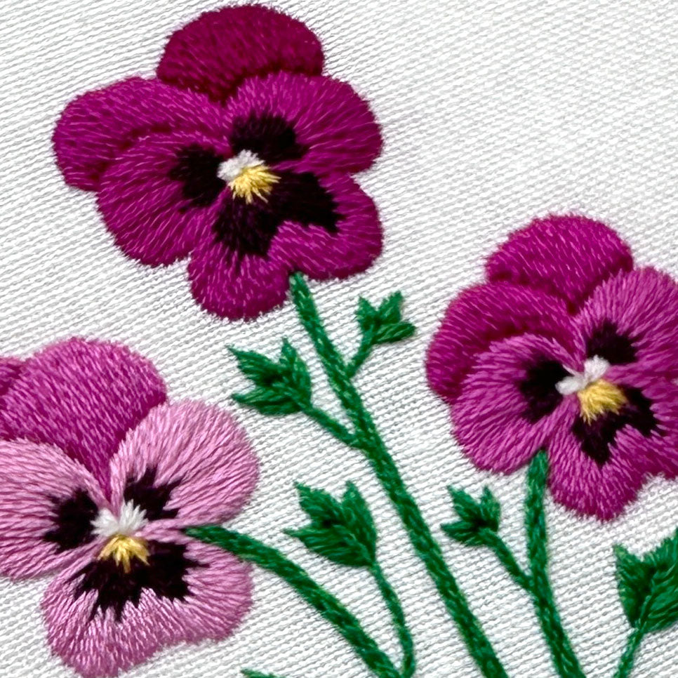 Pink Pansies (2.75")  on White Linen Hand Embroidered Art