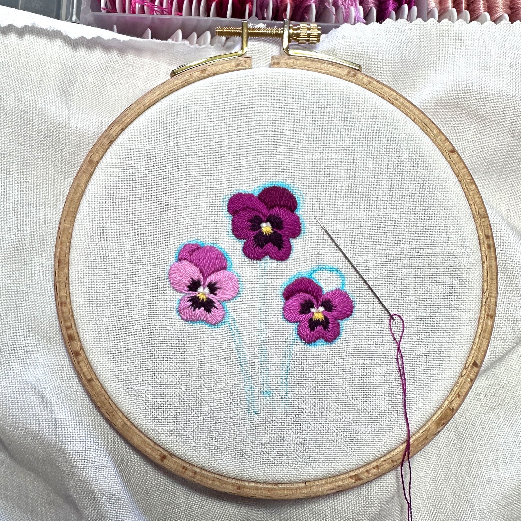 Pink Pansies (2.75")  on White Linen Hand Embroidered Art