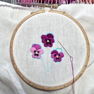 Pink Pansies (2.75")  on White Linen Hand Embroidered Art