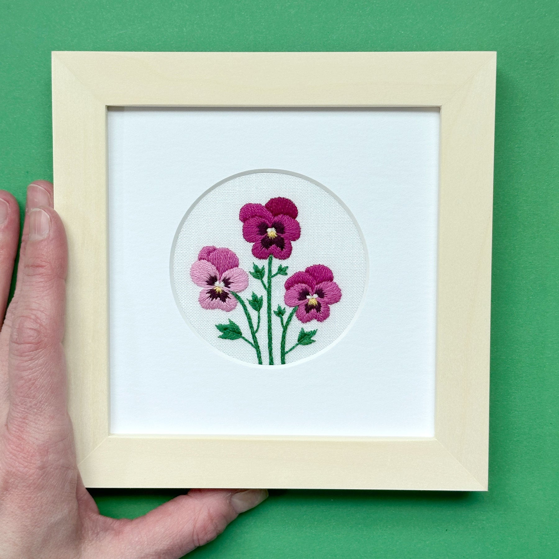 Pink Pansies (2.75")  on White Linen Hand Embroidered Art