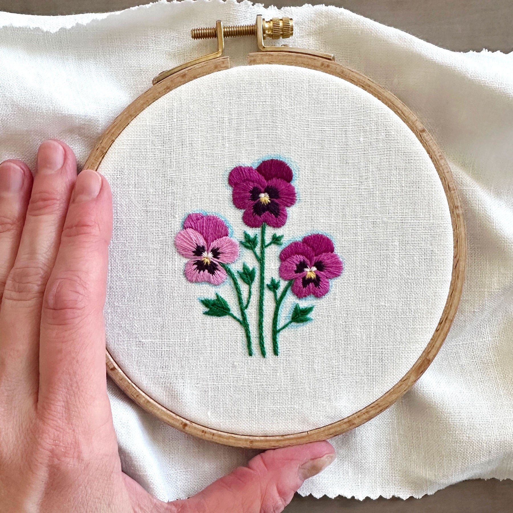 Pink Pansies (2.75")  on White Linen Hand Embroidered Art