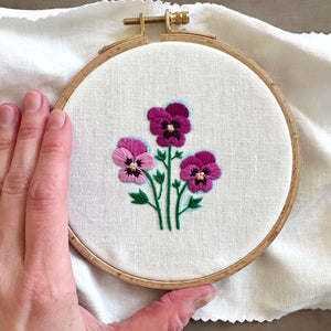 Pink Pansies (2.75")  on White Linen Hand Embroidered Art