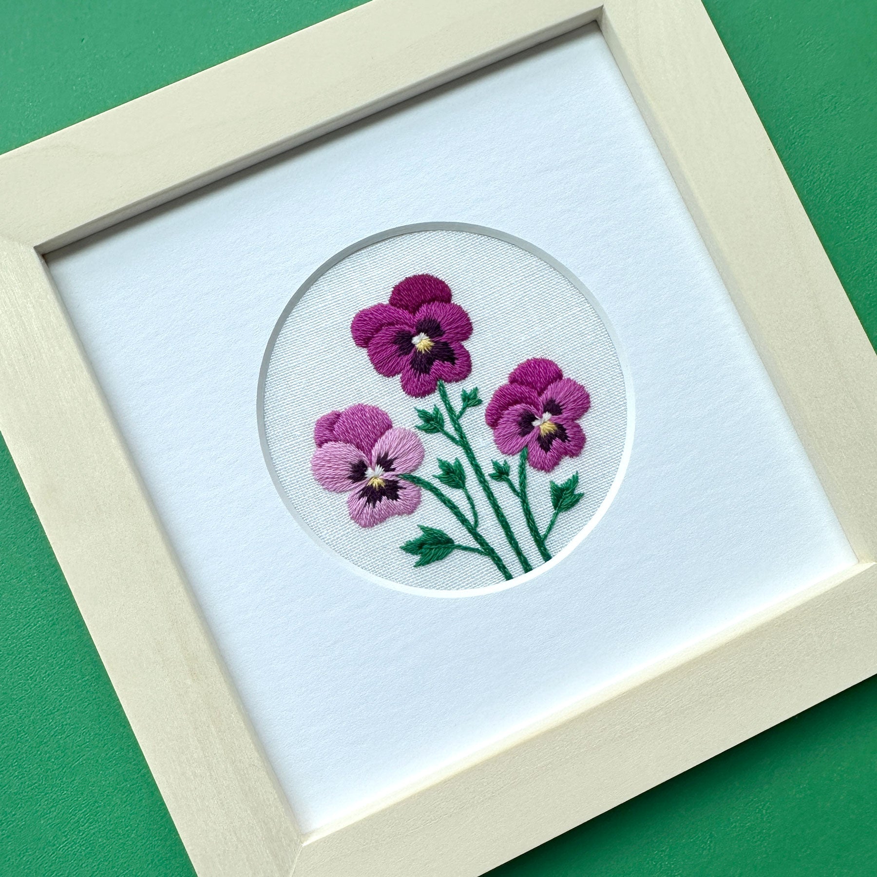 Pink Pansies (2.75")  on White Linen Hand Embroidered Art