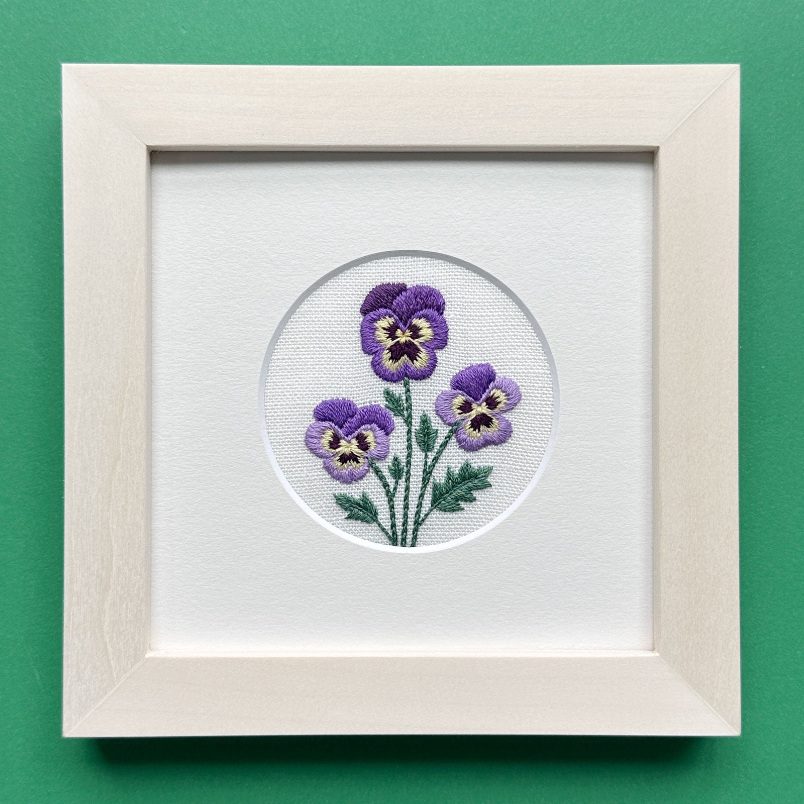 Pansies (2.75")  on Cream Linen Hand Embroidered Art