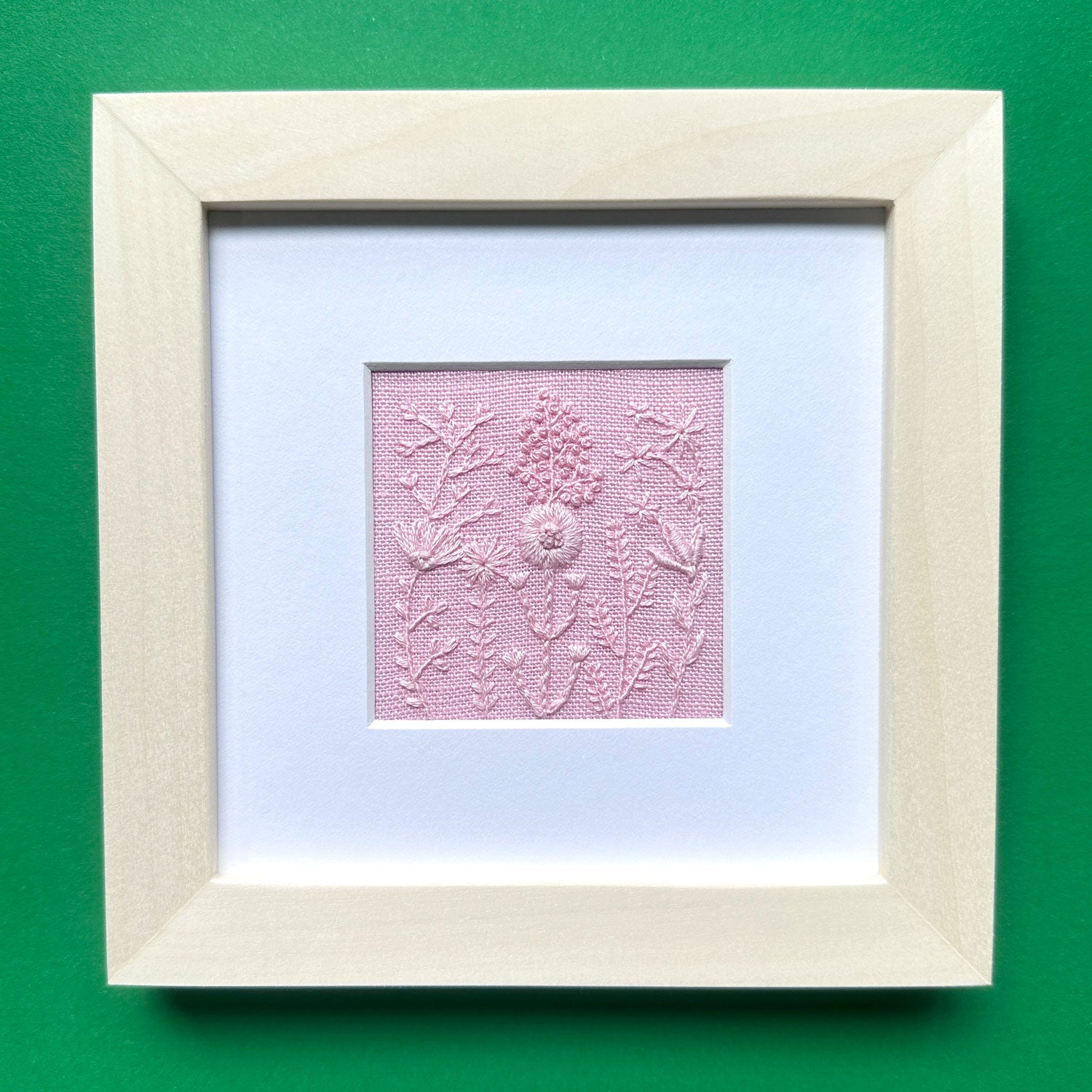 Monochromatic Pink Flowers (2.5") on Pink Linen Hand Embroidered Art