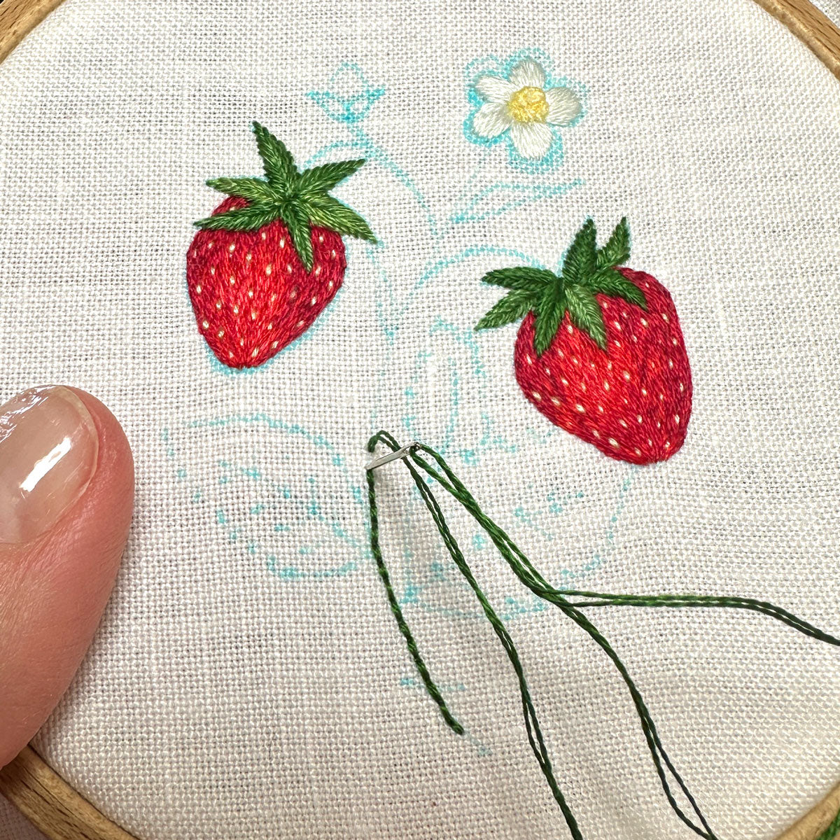 Strawberry Plant on White Linen Hand Embroidered Art