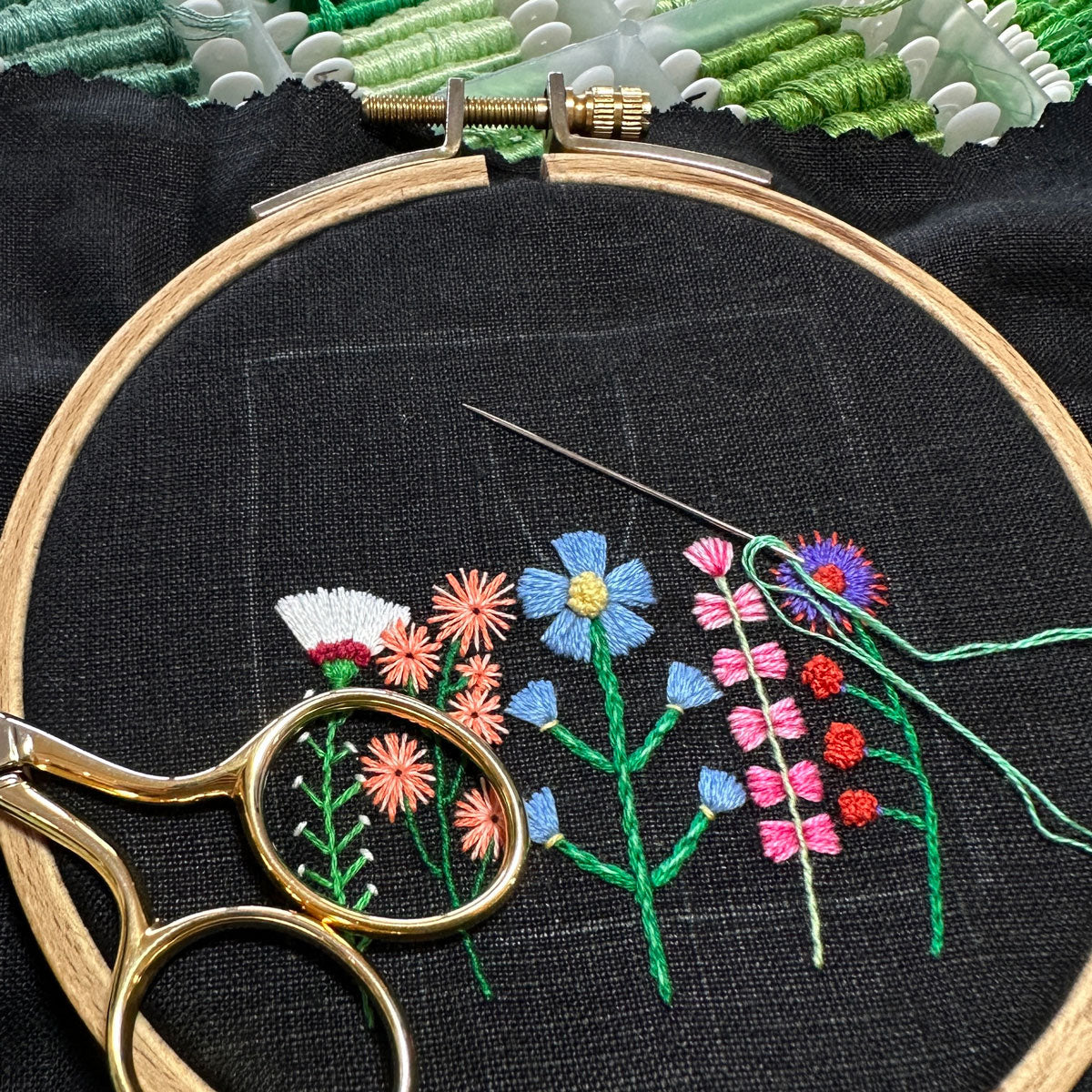 Rainbow Flowers B (2.5" Square) on Black Linen Hand Embroidered Art