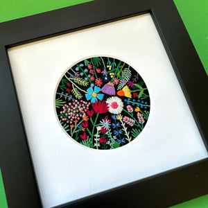 Rainbow Flowers D (2.75" Circle) on Black Linen Hand Embroidered Art
