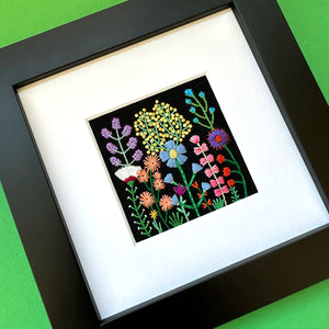 Rainbow Flowers B (2.5" Square) on Black Linen Hand Embroidered Art