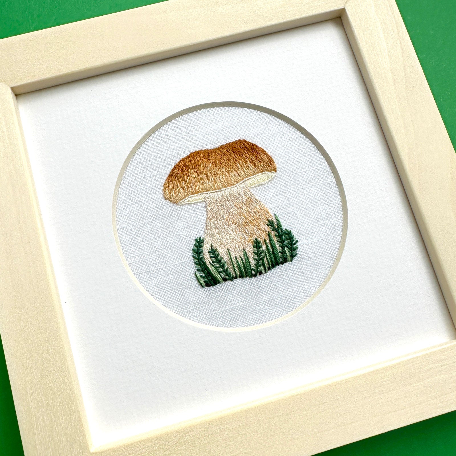 Porcini Mushroom on White Linen Hand Embroidered Art