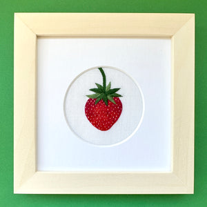 Single Strawberry on White Linen Hand Embroidered Art