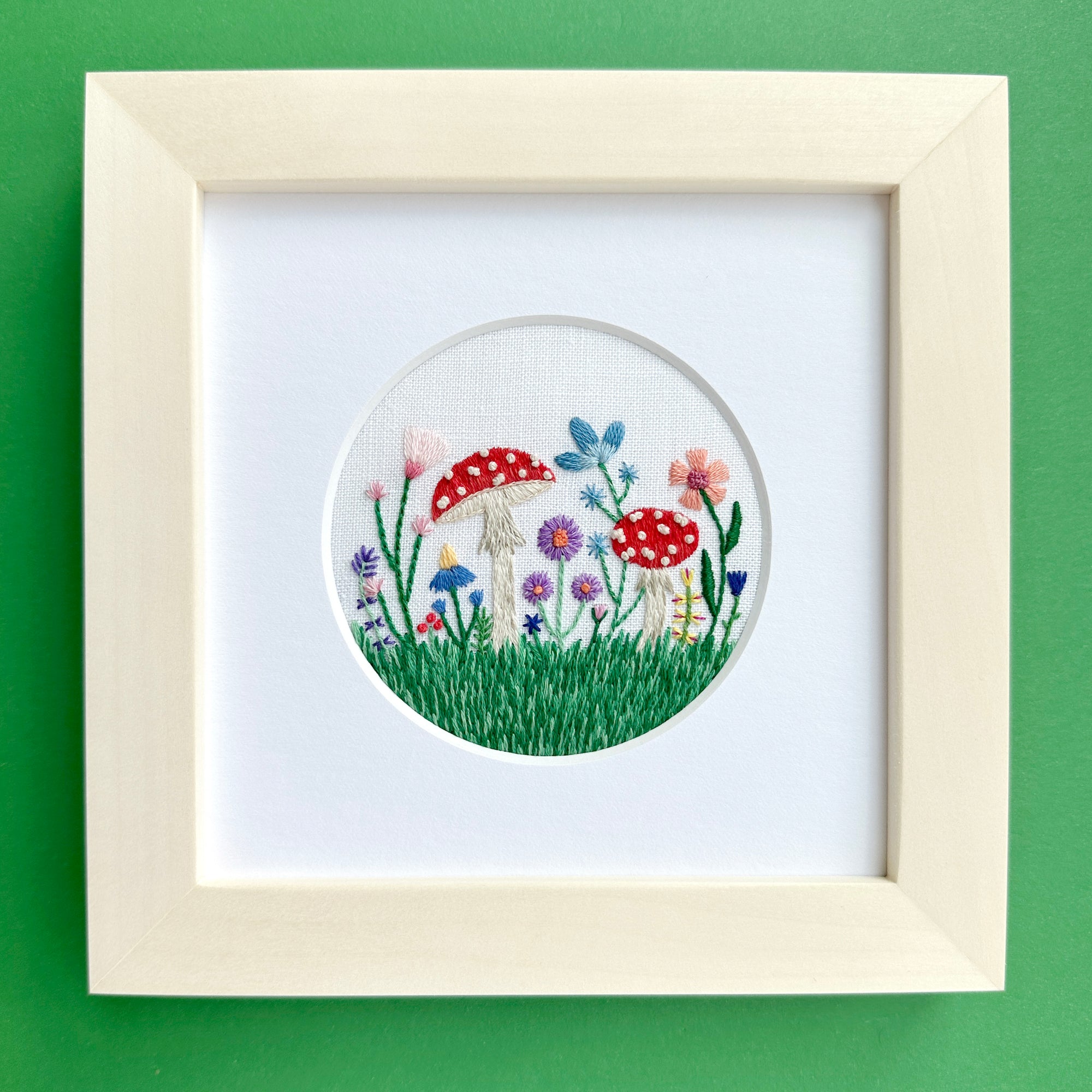 Field of Amanita Mushrooms and Wildflowers (3.00") on White Linen Hand Embroidered Art