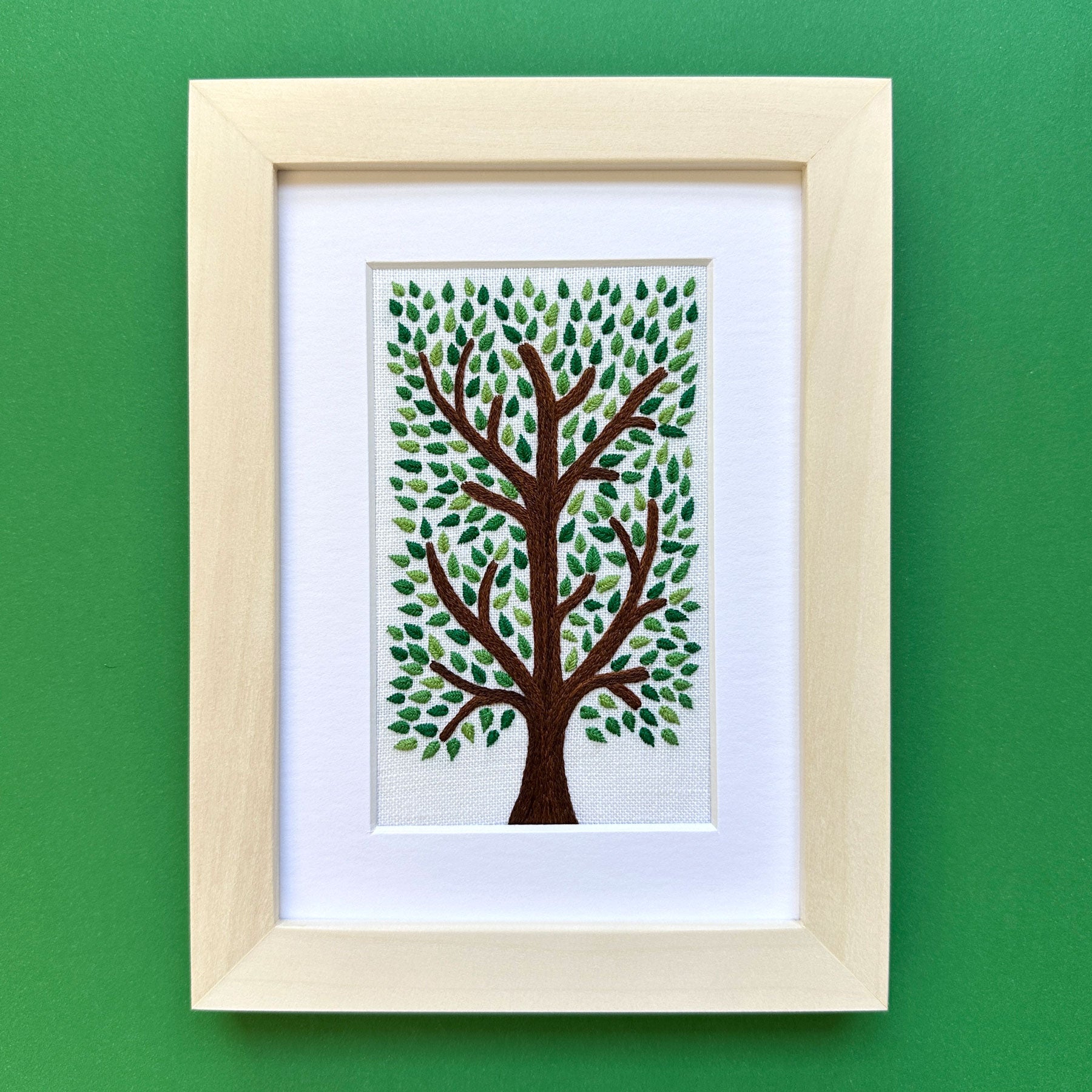 Majestic Tree on White Linen Hand Embroidered Art