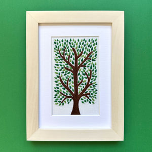 Majestic Tree on White Linen Hand Embroidered Art