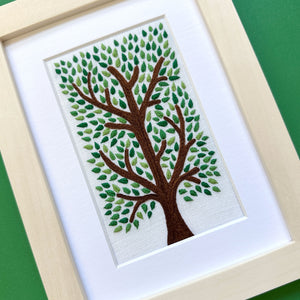 Majestic Tree on White Linen Hand Embroidered Art