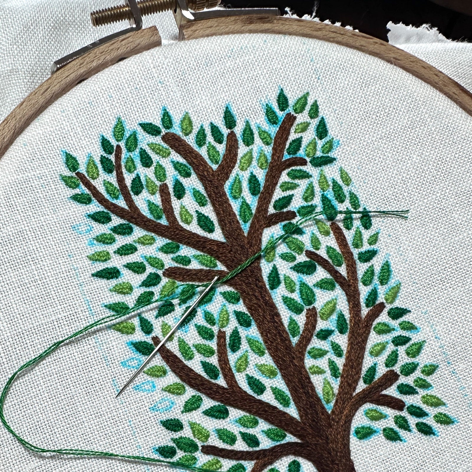 Majestic Tree on White Linen Hand Embroidered Art