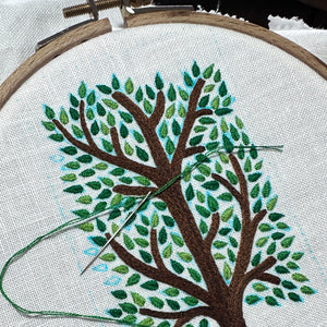 Majestic Tree on White Linen Hand Embroidered Art