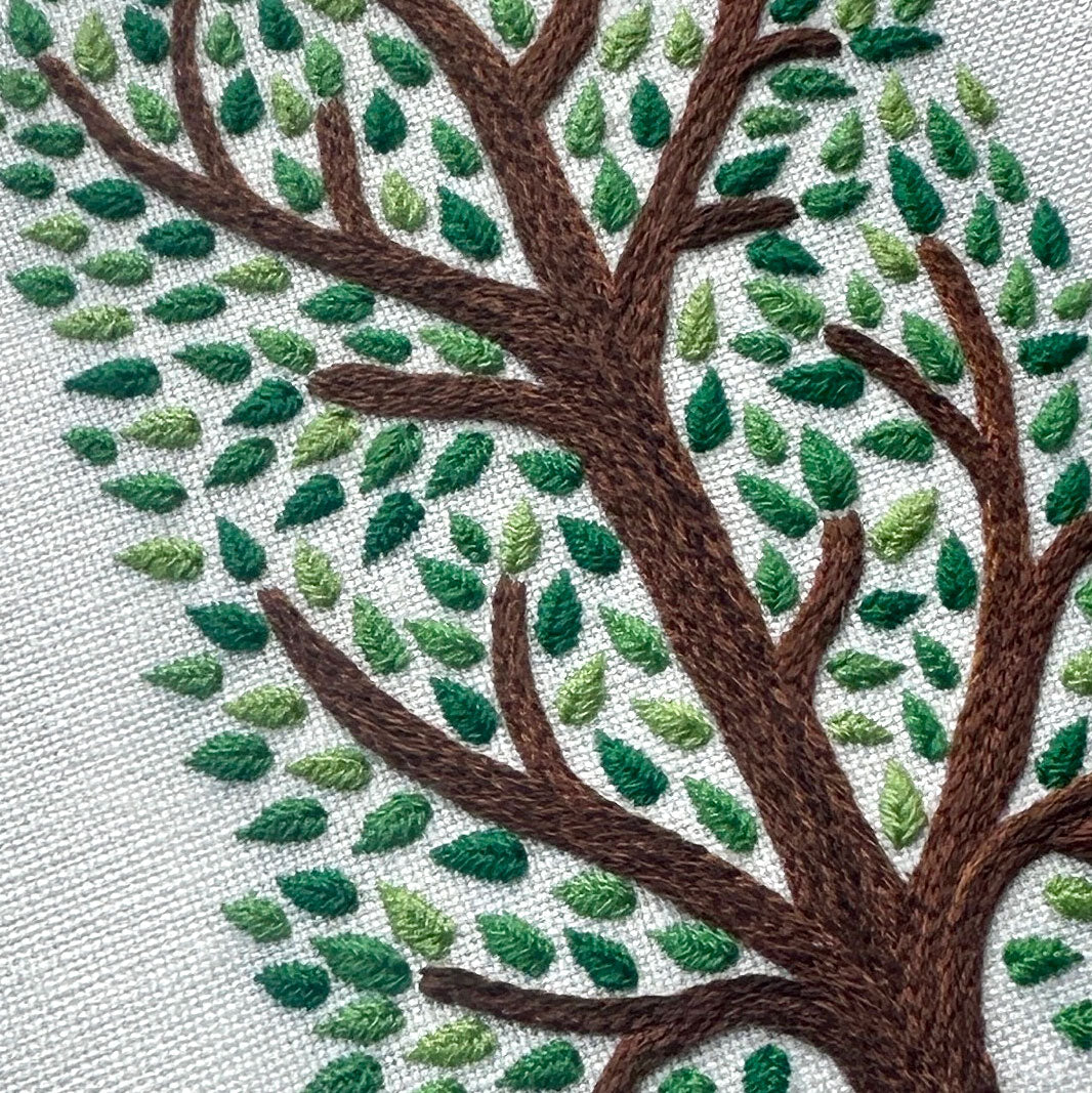 Majestic Tree on White Linen Hand Embroidered Art