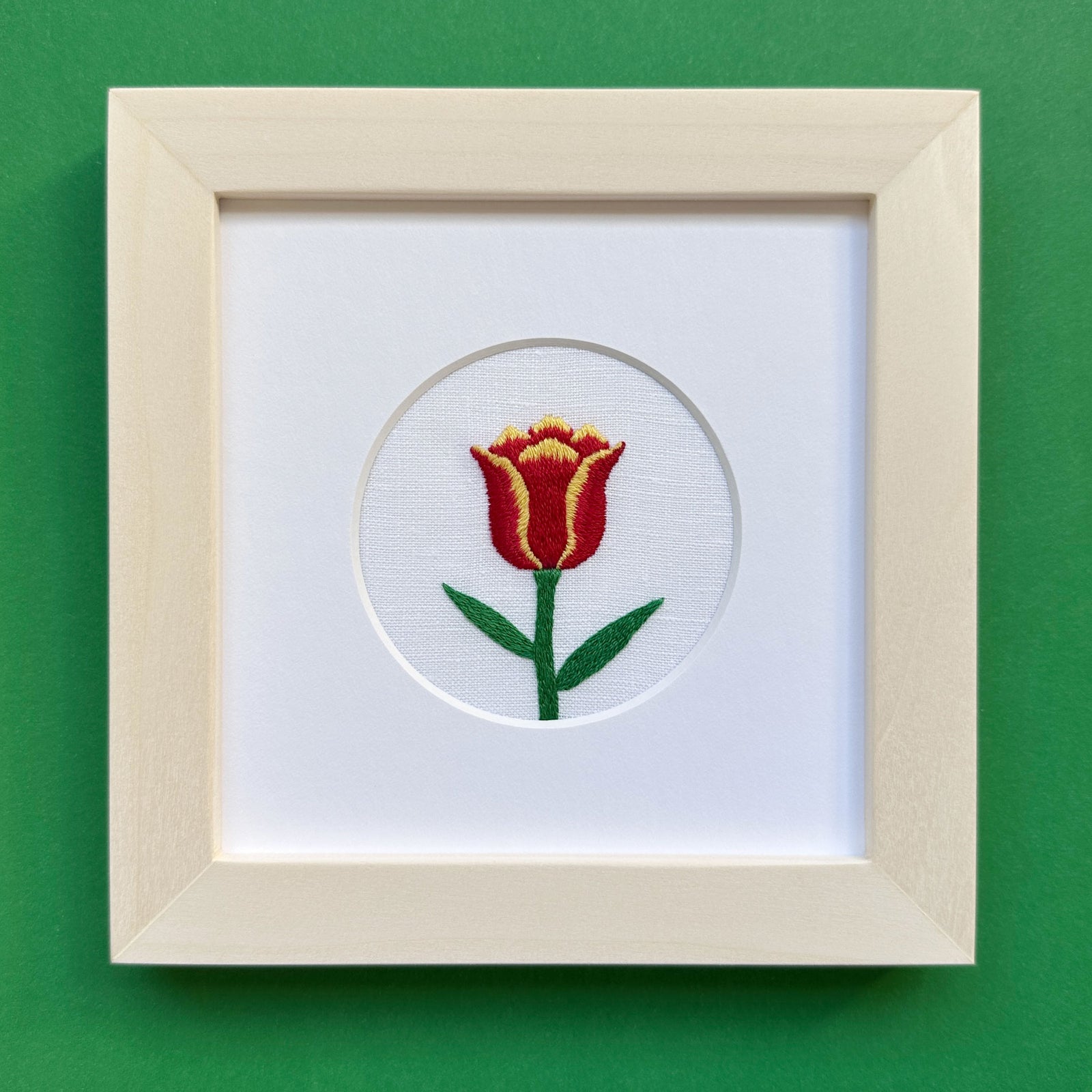 Tulip Flower on White Linen Hand Embroidered Art