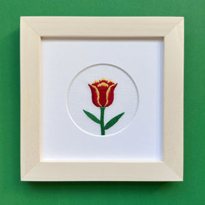 Tulip Flower on White Linen Hand Embroidered Art