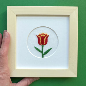 Tulip Flower on White Linen Hand Embroidered Art