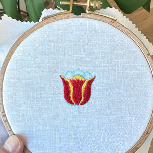 Tulip Flower on White Linen Hand Embroidered Art