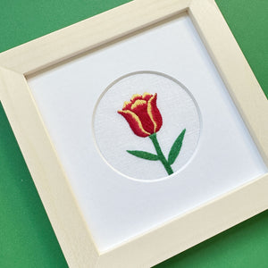Tulip Flower on White Linen Hand Embroidered Art