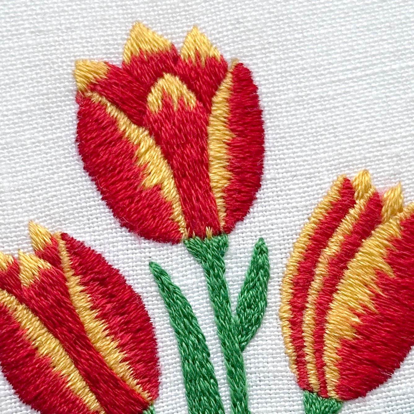 Red and Yellow Tulips (2.75") on White Linen Hand Embroidered Art