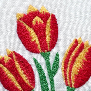 Red and Yellow Tulips (2.75") on White Linen Hand Embroidered Art
