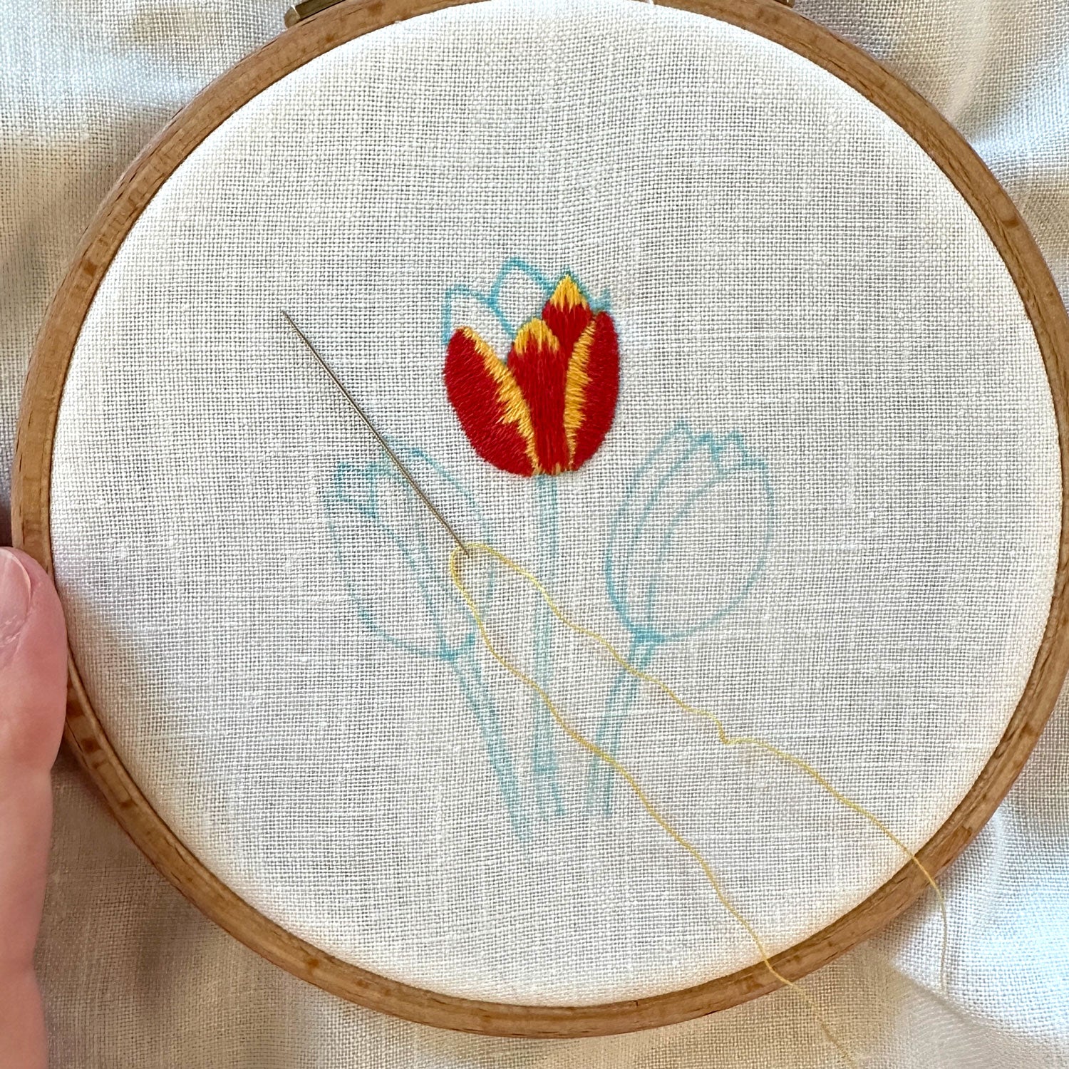 Red and Yellow Tulips (2.75") on White Linen Hand Embroidered Art