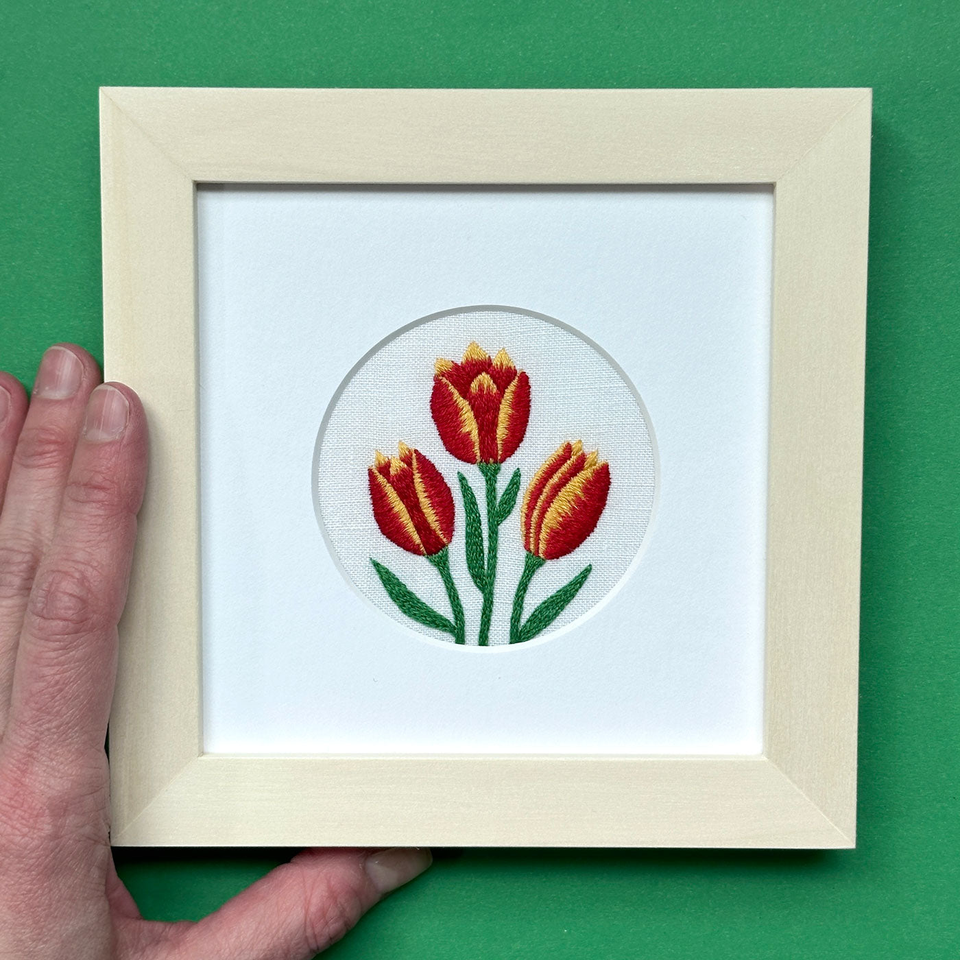 Red and Yellow Tulips (2.75") on White Linen Hand Embroidered Art