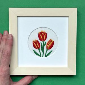 Red and Yellow Tulips (2.75") on White Linen Hand Embroidered Art