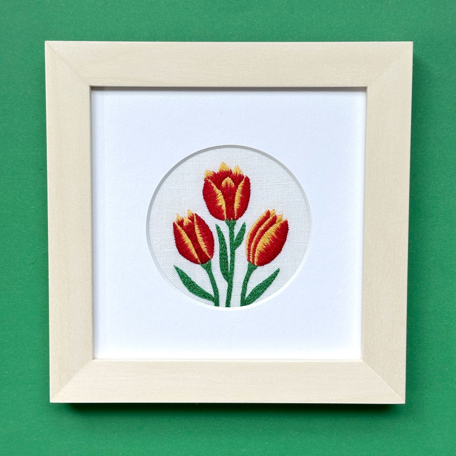 Red and Yellow Tulips (2.75") on White Linen Hand Embroidered Art