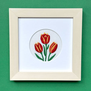 Red and Yellow Tulips (2.75") on White Linen Hand Embroidered Art