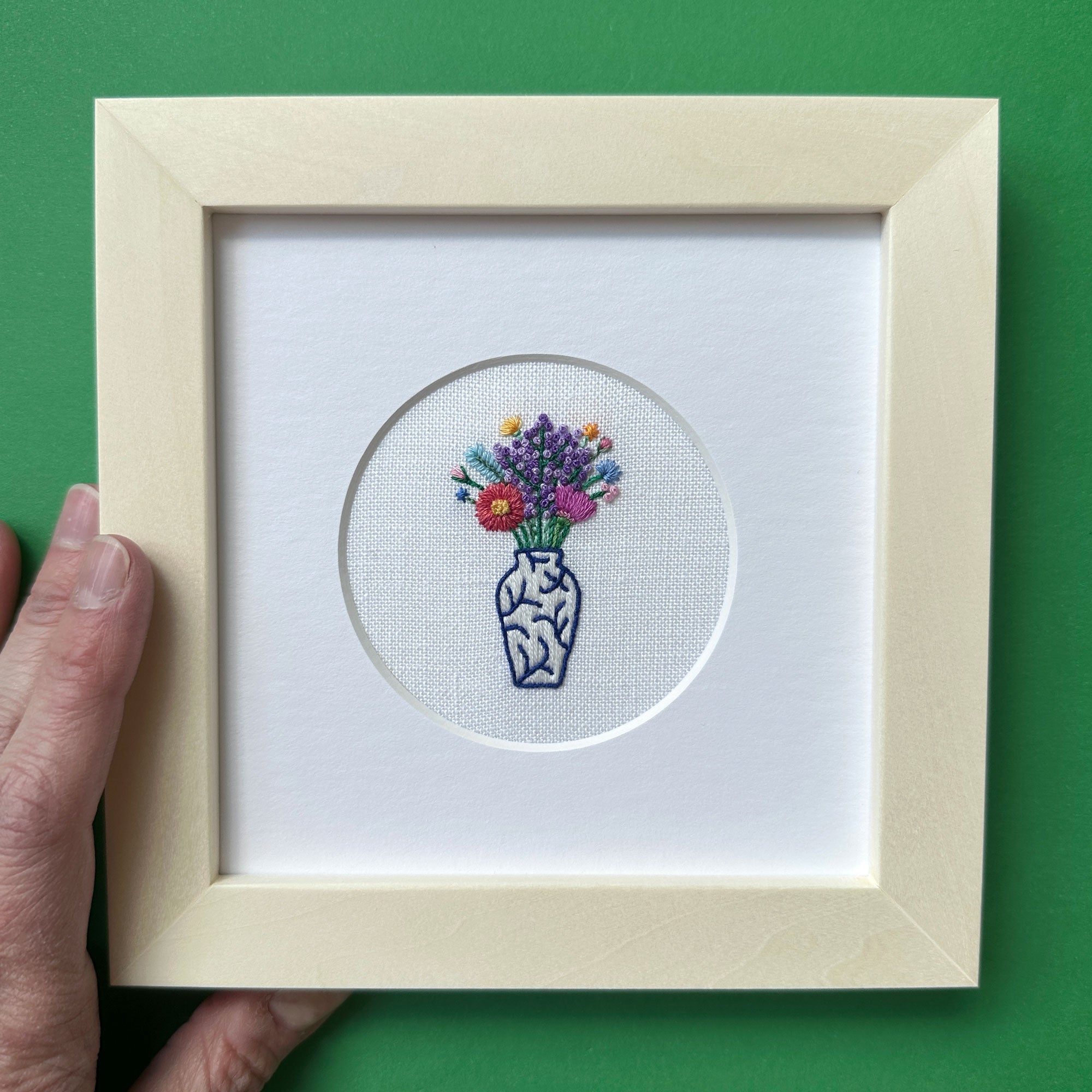 Rainbow Flowers in Blue and White Vase on White Linen Hand Embroidered Art