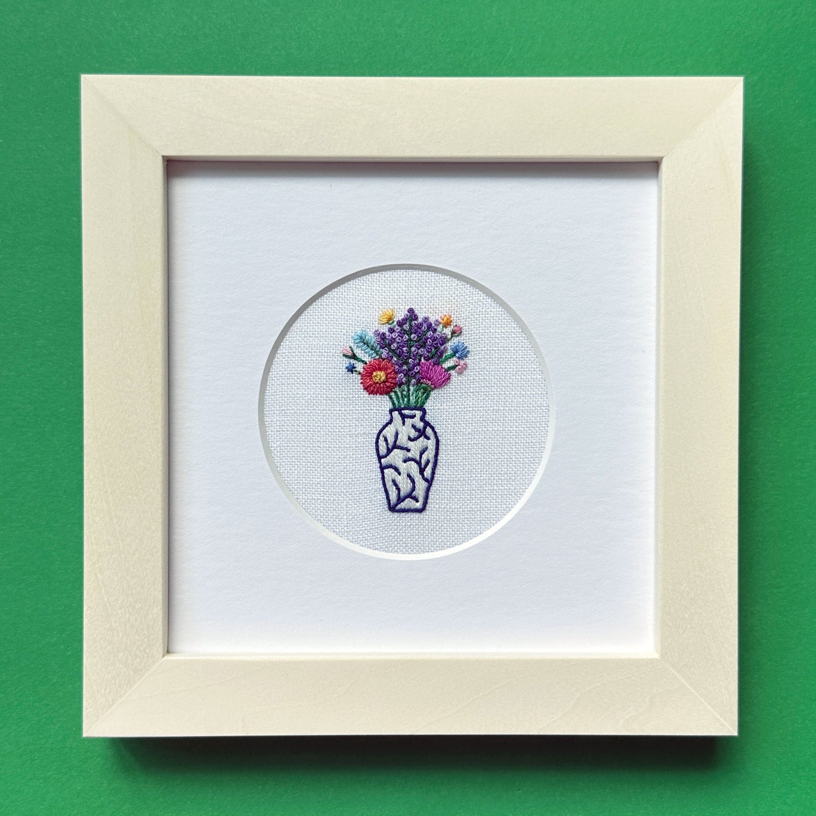 Rainbow Flowers in Blue and White Vase on White Linen Hand Embroidered Art